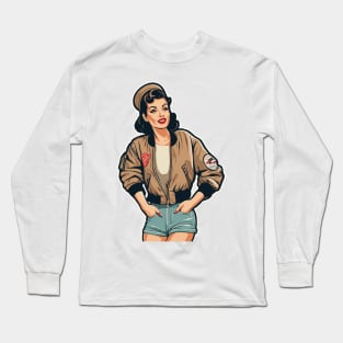 Casual Pin Up Bomber Jacket Babe Style Long Sleeve T-Shirt